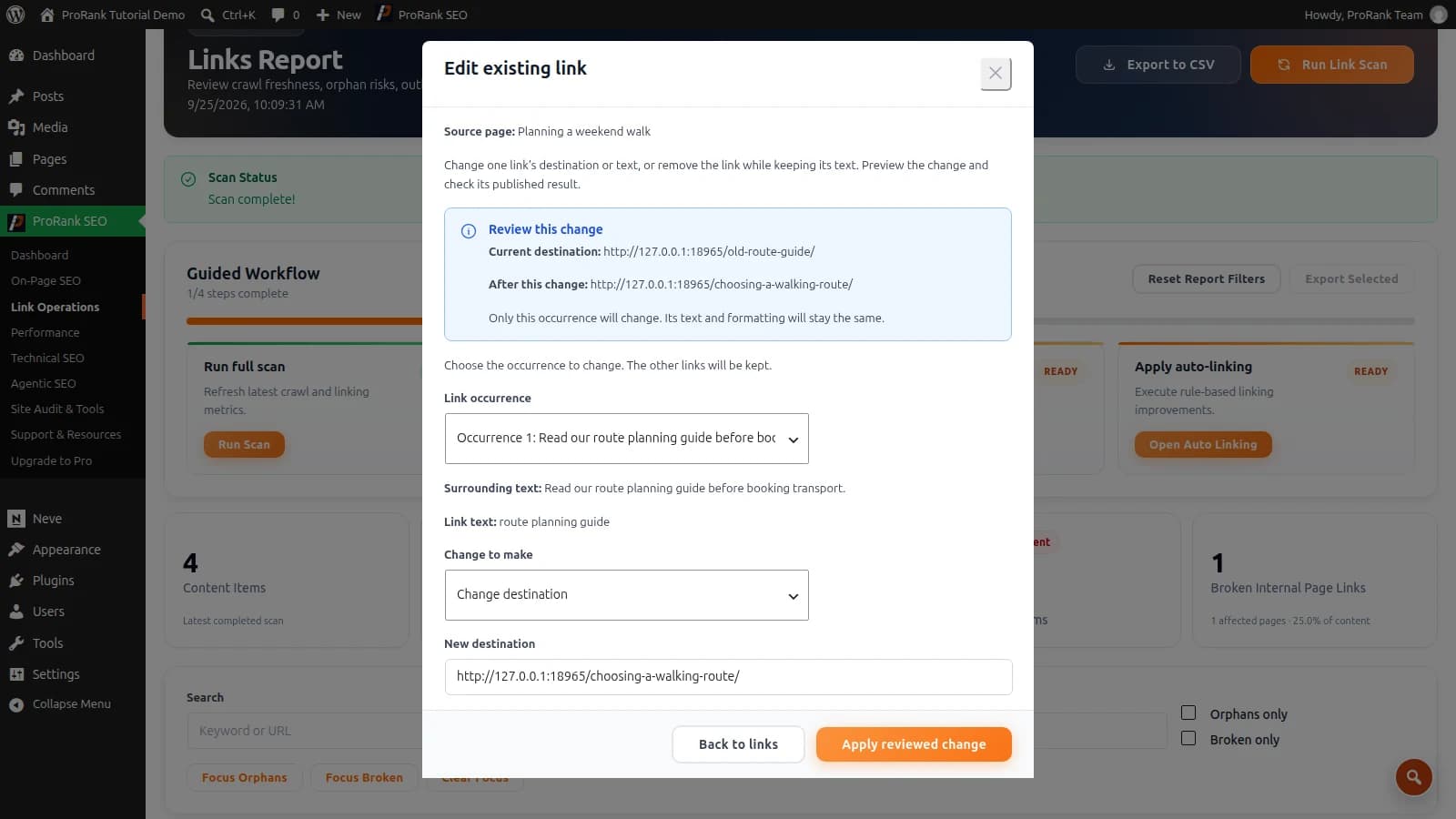 ProRank previews replacing the missing route guide URL while preserving the selected link’s text and formatting.