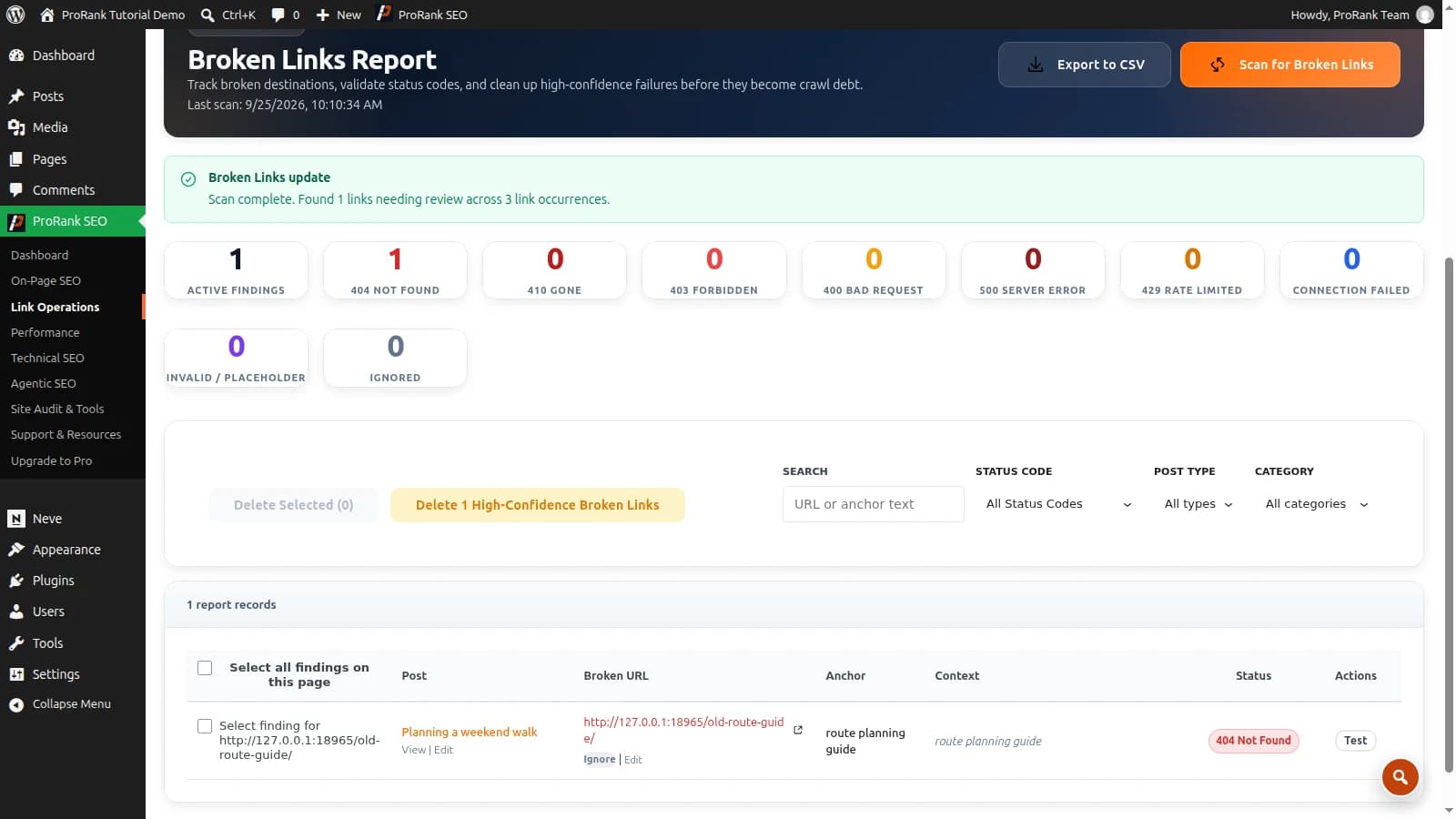 ProRank Broken Links report showing a missing destination in a WordPress demonstration