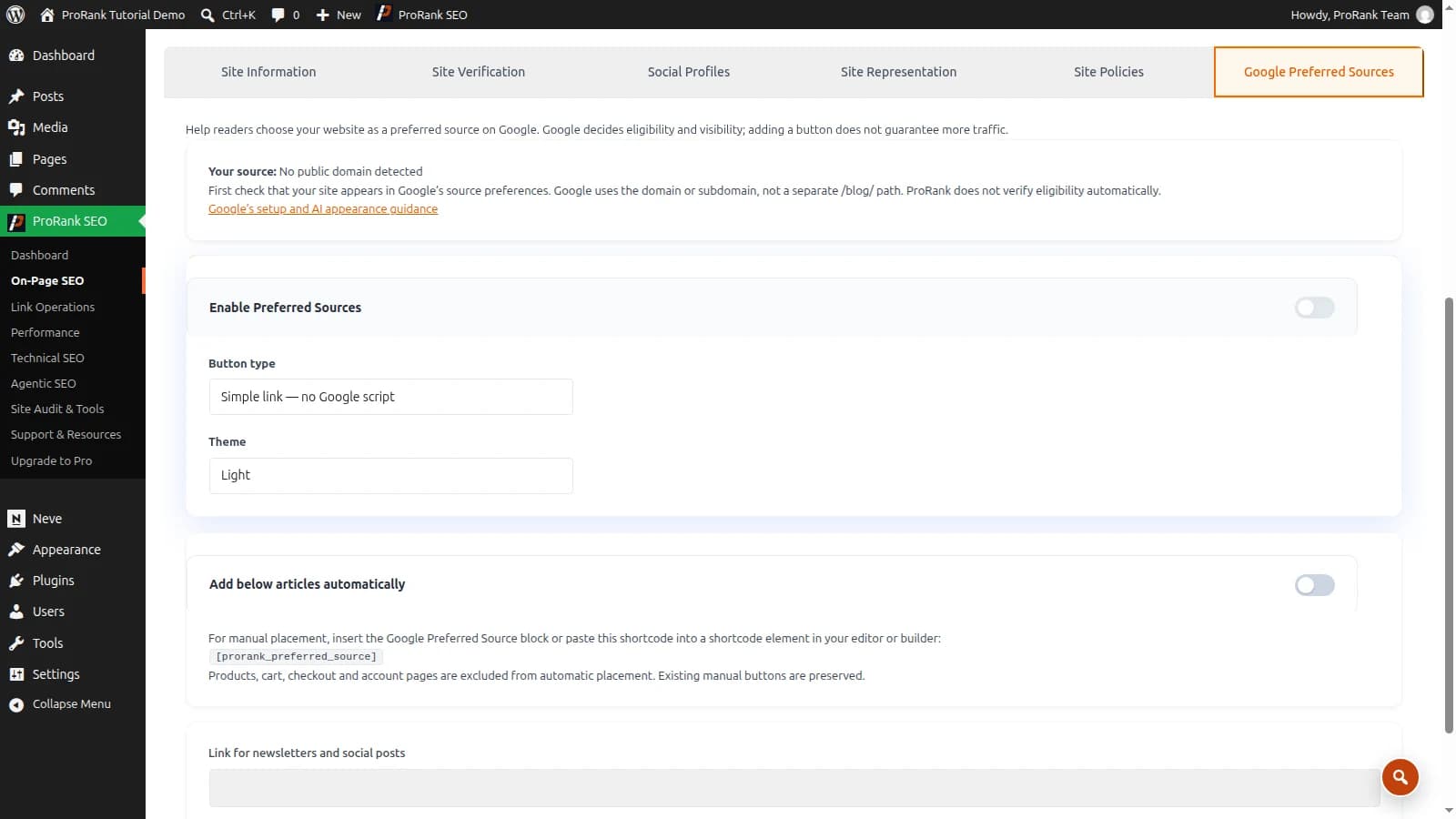 ProRank Preferred Sources settings showing button type, theme and article placement
