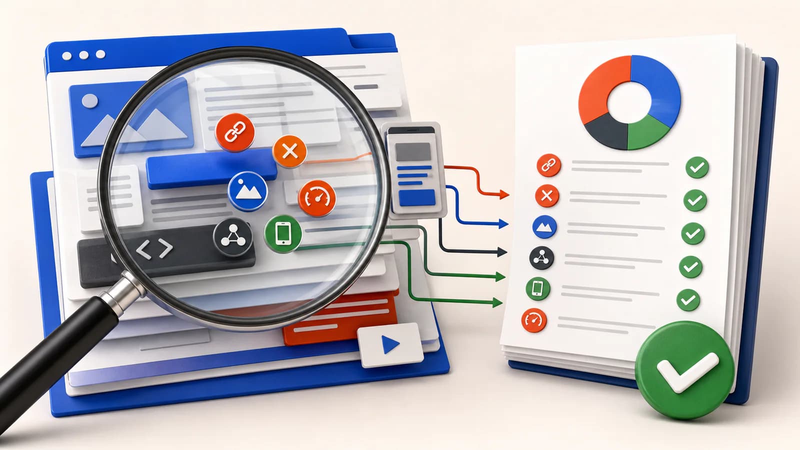 A magnifying glass auditing a website and producing a prioritized report