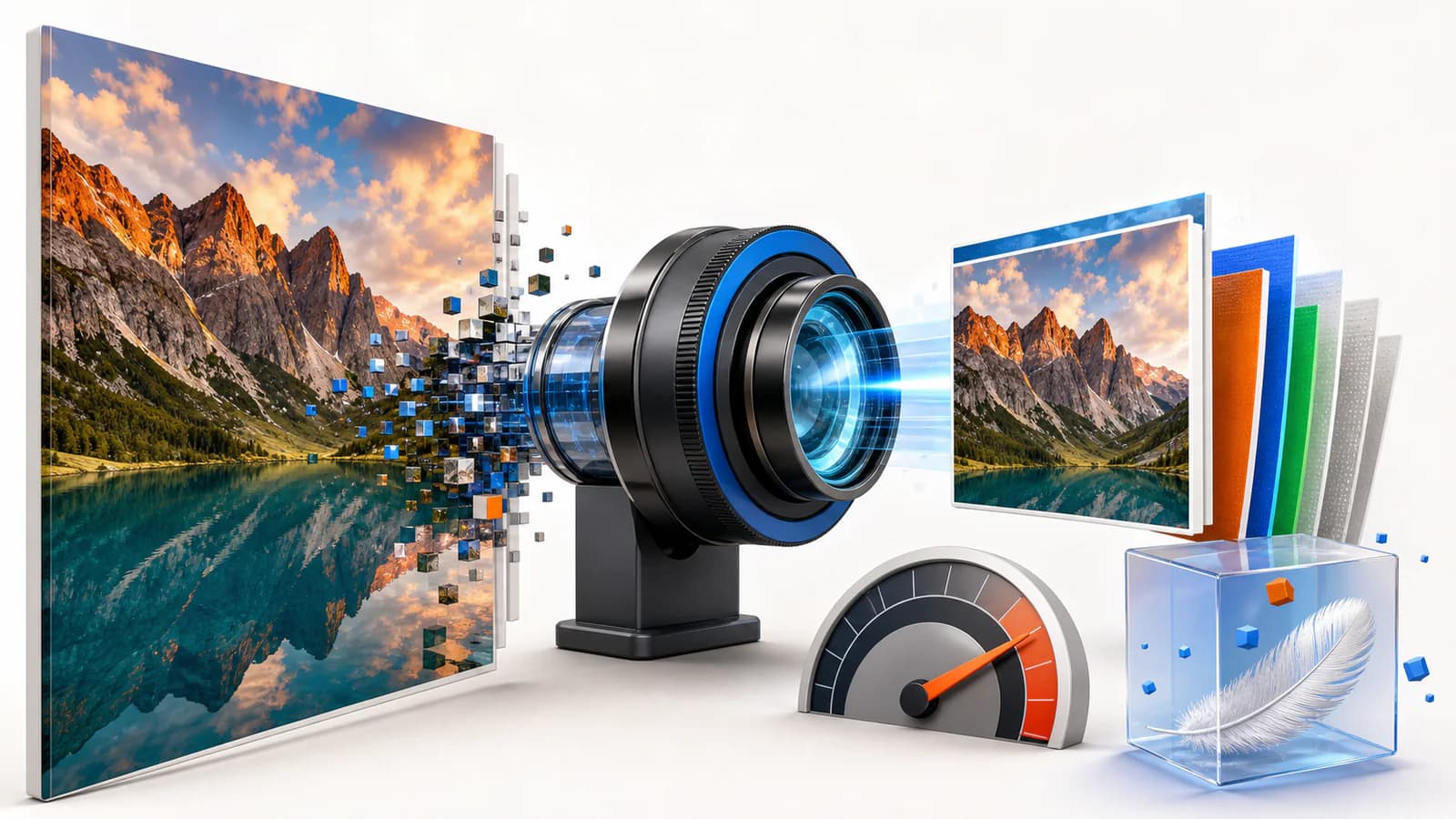 A large image passing through an optimization lens into a smaller sharp image