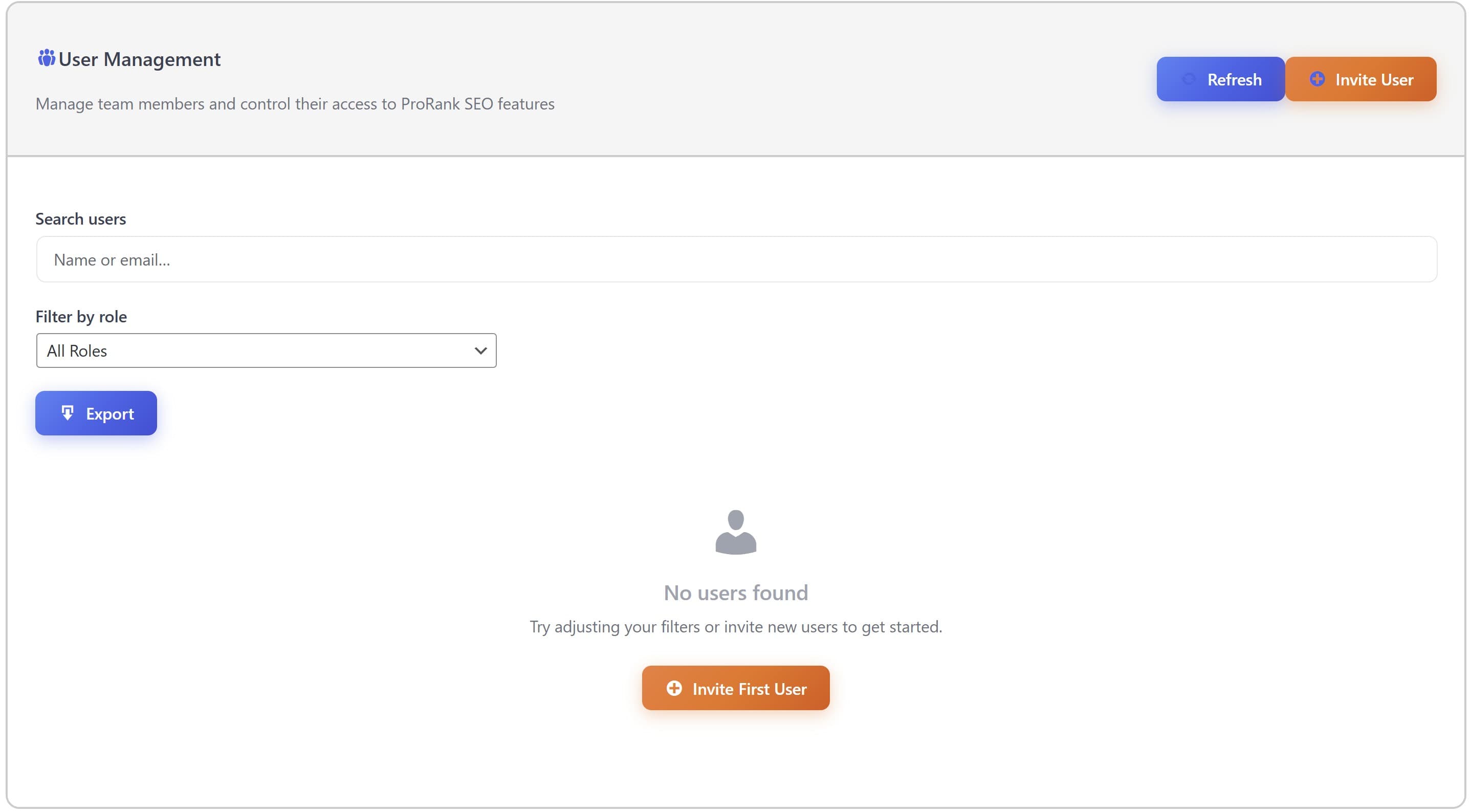 ProRank SEO User Management Interface