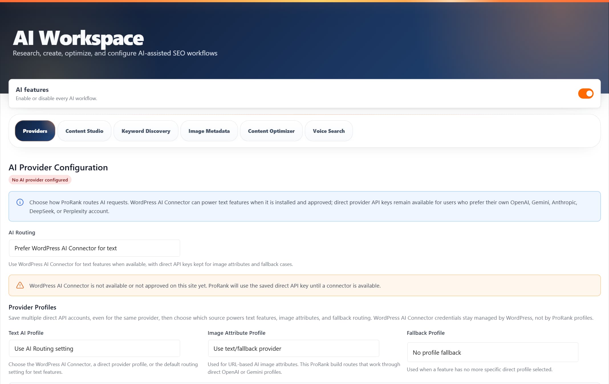 ProRank 1.6.0 AI Workspace provider configuration in WordPress