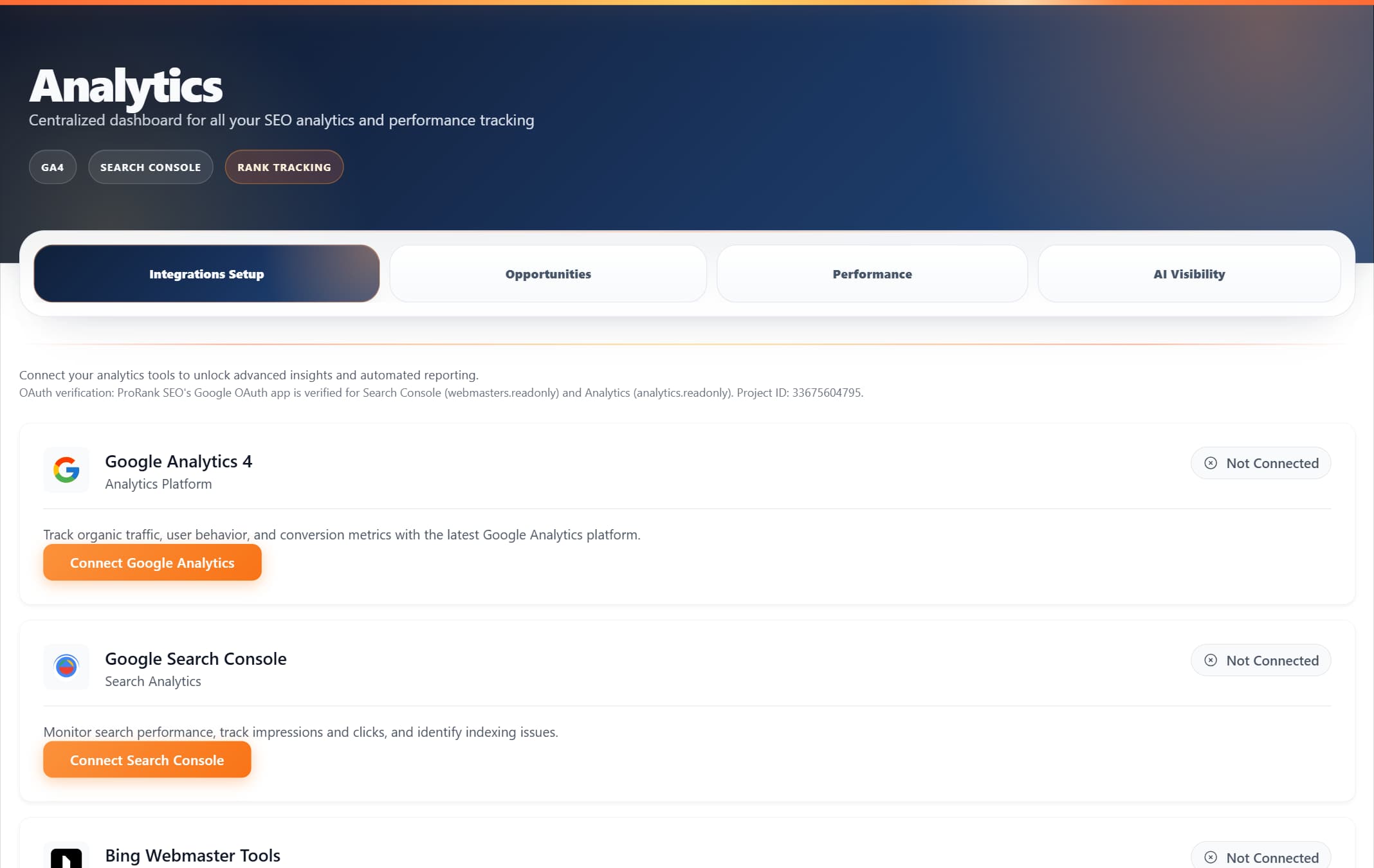 ProRank 1.6.0 Analytics integration setup for Google Analytics and Search Console