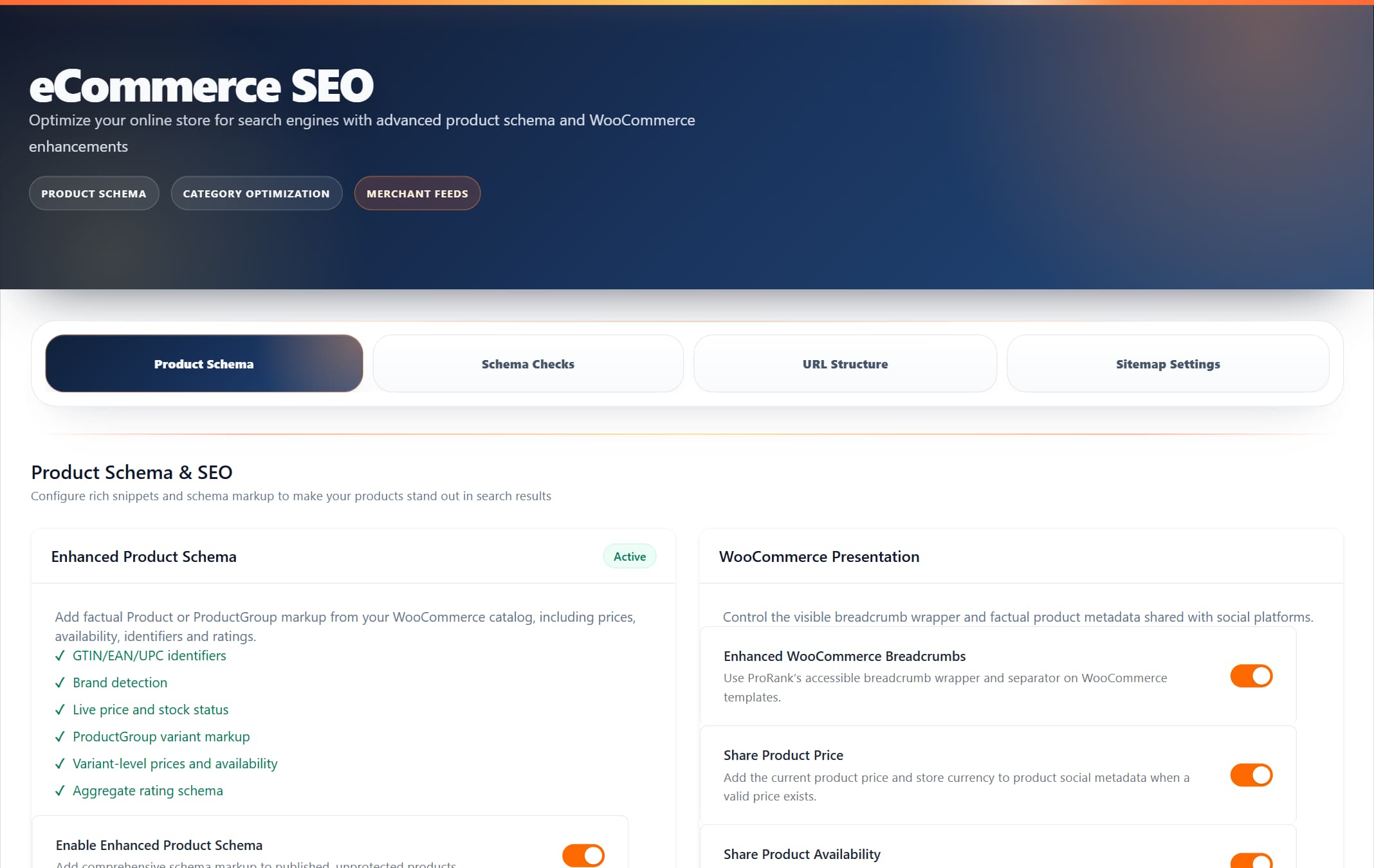 ProRank 1.6.0 eCommerce SEO product schema settings on a WooCommerce demo