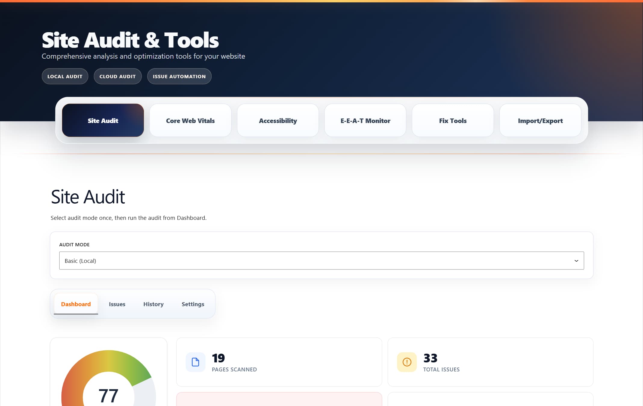 ProRank 1.6.0 Site Audit showing completed local audit results for a WordPress demo
