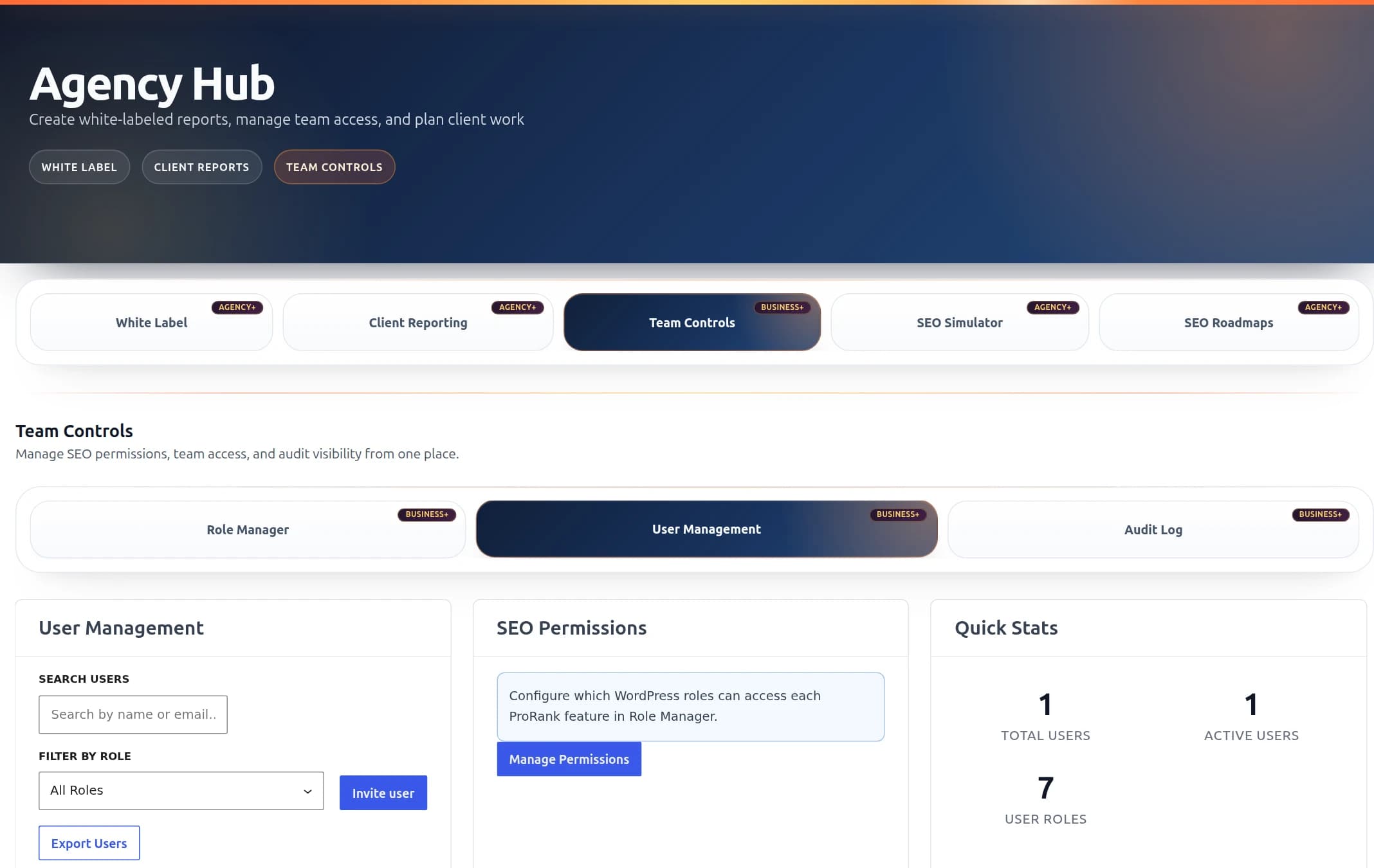 ProRank 1.6.1 Team Controls showing User Management and SEO permissions