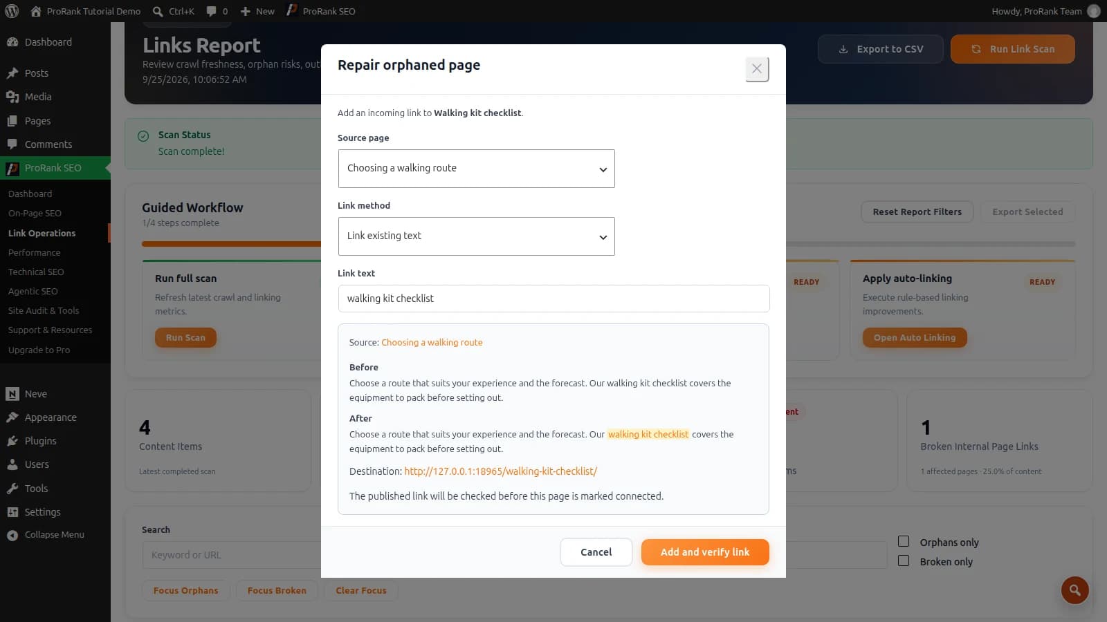 ProRank orphan-page repair preview with a source page, link text and destination