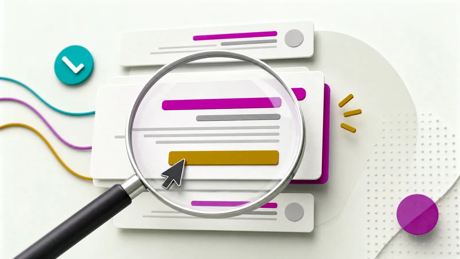 A magnifying glass qualifying search queries into a content plan