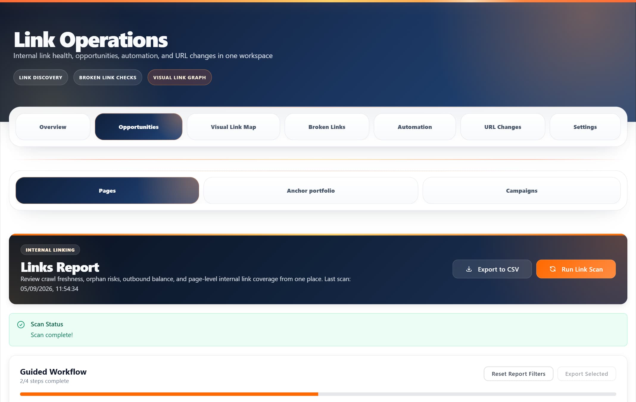 ProRank 1.6.0 Links Report showing scan status, link coverage, and page-level findings for a WordPress demo