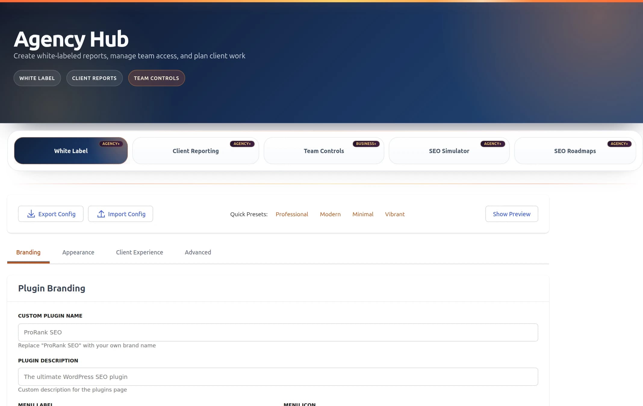 ProRank 1.6.1 Agency Hub White Label branding settings