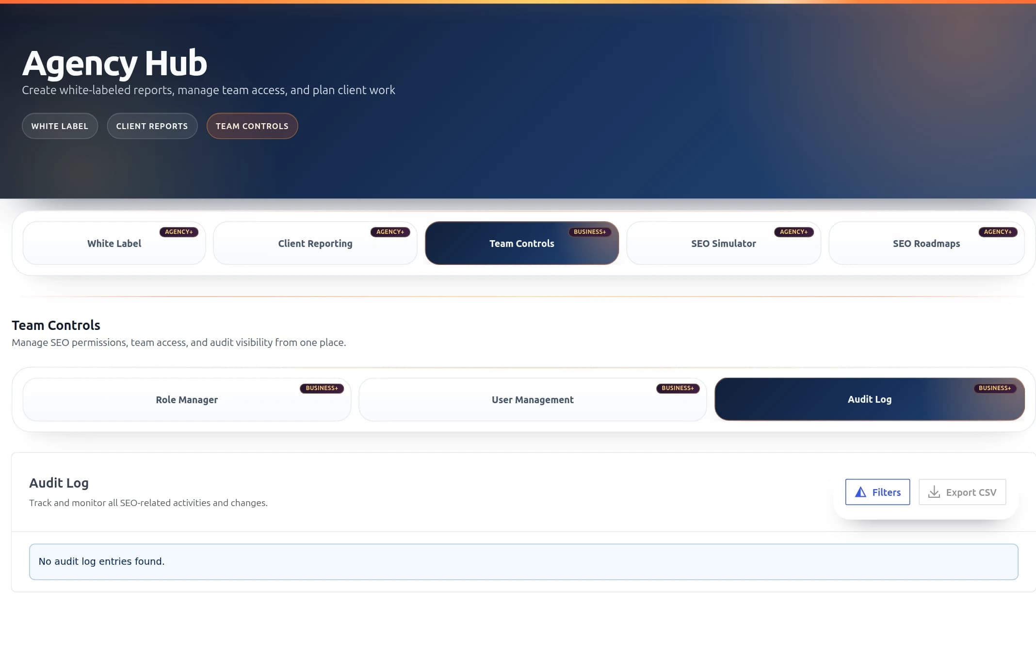 ProRank 1.6.1 Team Controls with the Audit Log selected and its filter and export controls