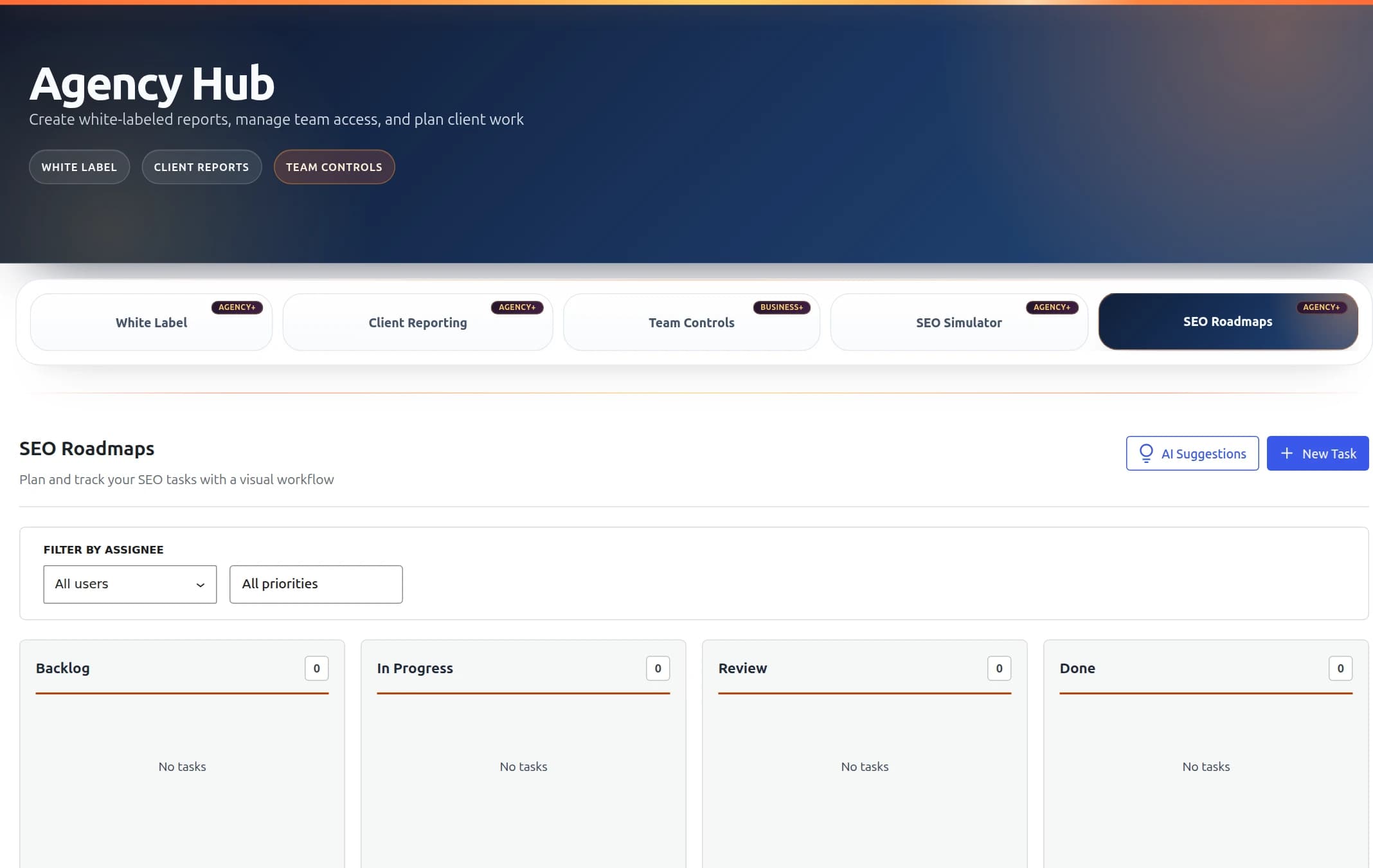 ProRank 1.6.1 SEO Roadmaps board with Backlog, In Progress, Review, and Done columns