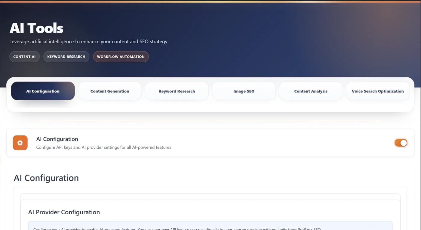 AI Configuration page in ProRank SEO