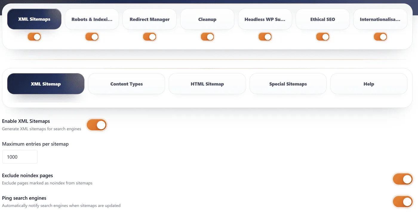 ProRank Technical SEO settings showing XML Sitemaps, Robots and Indexing, Redirect Manager, Cleanup, Headless WP, Ethical SEO, and Internationalisation modules